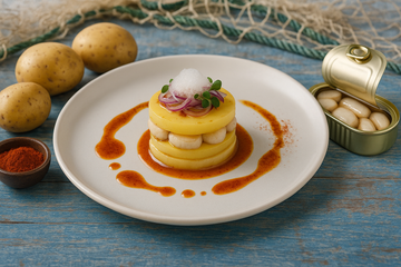 Milhojas templada de patata y huevos de choco con emulsión de pimentón y aire cítrico