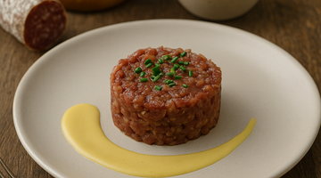 Tartar de salchichón de ciervo con emulsión de miel y mostaza