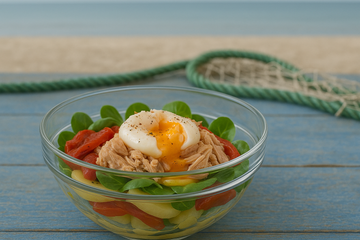 Ensalada templada de bonito en escabeche con pimientos asados y huevo mollet